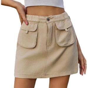 imageWomen Denim Skirt Y2K Mini Cargo Skirt with Pockets Low Waist Button Bodycon Jean SkirtKhaki