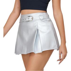 imageWomens Metallic Skirt  High Waist Party Goth Mini Skirt with BeltsSilvery