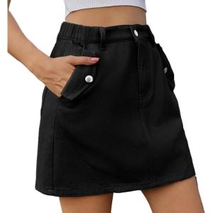 imageWomens Y2K Mini Cargo Skirt Elastic Waist Flap Pocket Mini Denim Jean SkirtBlack