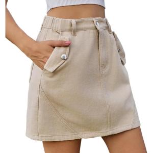 imageWomens Y2K Mini Cargo Skirt Elastic Waist Flap Pocket Mini Denim Jean SkirtKhaki