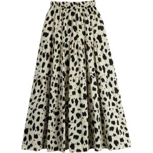 imageWomen Leopard Print Long Skirts Chiffon Summer Beach Pleated Elastic High Waisted Ruffle Hem Maxi SkirtsApricot