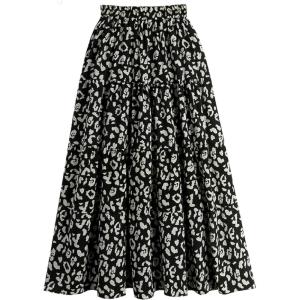 imageWomen Leopard Print Long Skirts Chiffon Summer Beach Pleated Elastic High Waisted Ruffle Hem Maxi SkirtsBlack