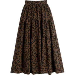 imageWomen Leopard Print Long Skirts Chiffon Summer Beach Pleated Elastic High Waisted Ruffle Hem Maxi SkirtsBrown