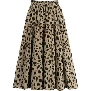 imageWomen Leopard Print Long Skirts Chiffon Summer Beach Pleated Elastic High Waisted Ruffle Hem Maxi SkirtsKhaki