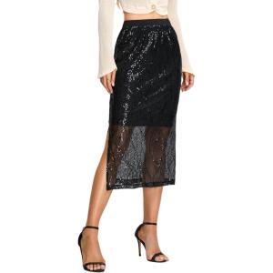 imageWomens Sequin Skirt  Sparkle Side Slit Pencil Bodycon Midi Pencil Skirts for Party Cocktail ClubA Black