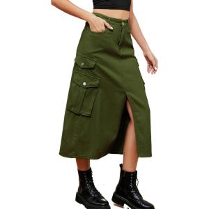 imageWomen Denim Cargo Skirt  Elastic Waist Button Maxi Jean Skirt with Y2K Flap PocketsArmy Green