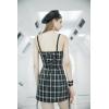 imageWomens Trendy Plaid Dress Adjustable Straps Drawstring Hem Suspender Bodycon Mini Overall Slip DressBlack