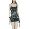 imageWomens Trendy Plaid Dress Adjustable Straps Drawstring Hem Suspender Bodycon Mini Overall Slip DressBlack