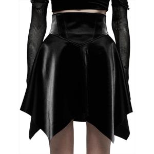 imageGoth High Waisted Faux Mini Leather Skater ALine Flared Rave Skirt for Punk Rock Y2K WomenBlack
