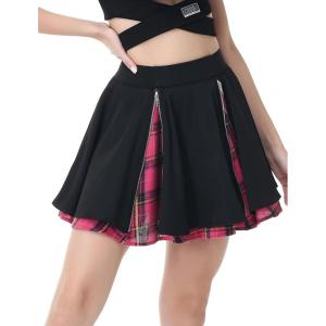 imageKisidoo Gothic Skirts Cute High Elastic Waisted Plaid Kilts for Women Trendy Hem Flared Knee Length Mini Skater SkirtA Hot Pink Plaid