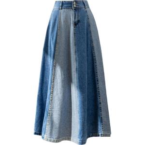 imageKisidoo Womens Long Patchwork Denim Skirt  Contrast High Waist Flared Aline Flare Jean Skirt with PocketsBlue