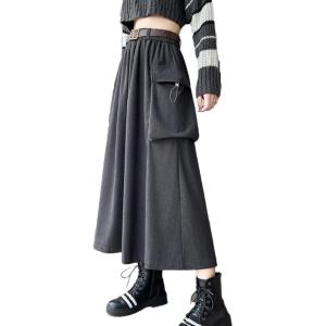 imageKisidoo Vintage Maxi Cargo Skirt  Womens High Waist Aline Winter Skirt with Pockets ampamp BeltGrey