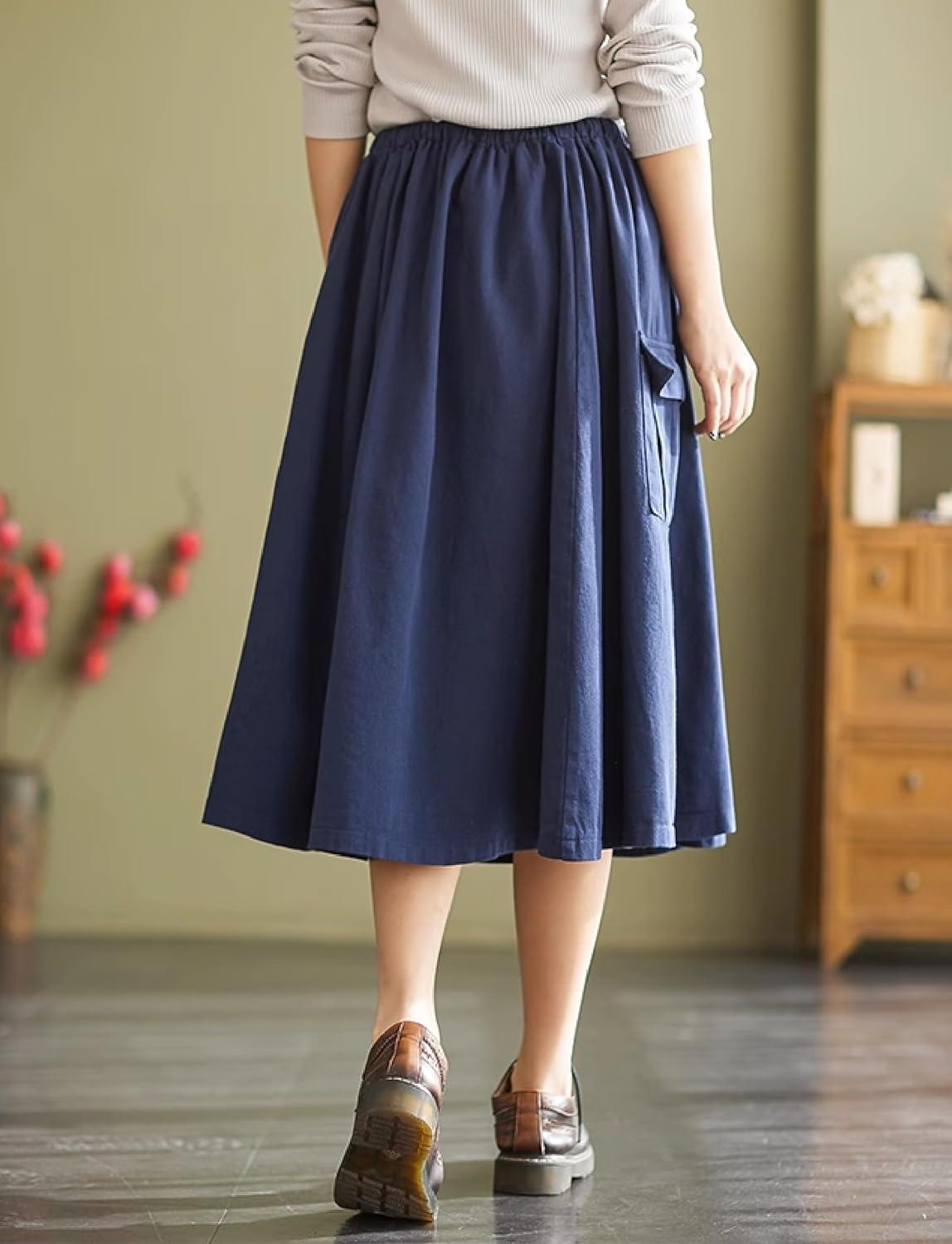 imageKisidoo Cargo Maxi Skirt Womens Casual Elastic Waist Pleated ALine Knee Length Skirt with Pocket for Work ampamp DailyNavy Blue