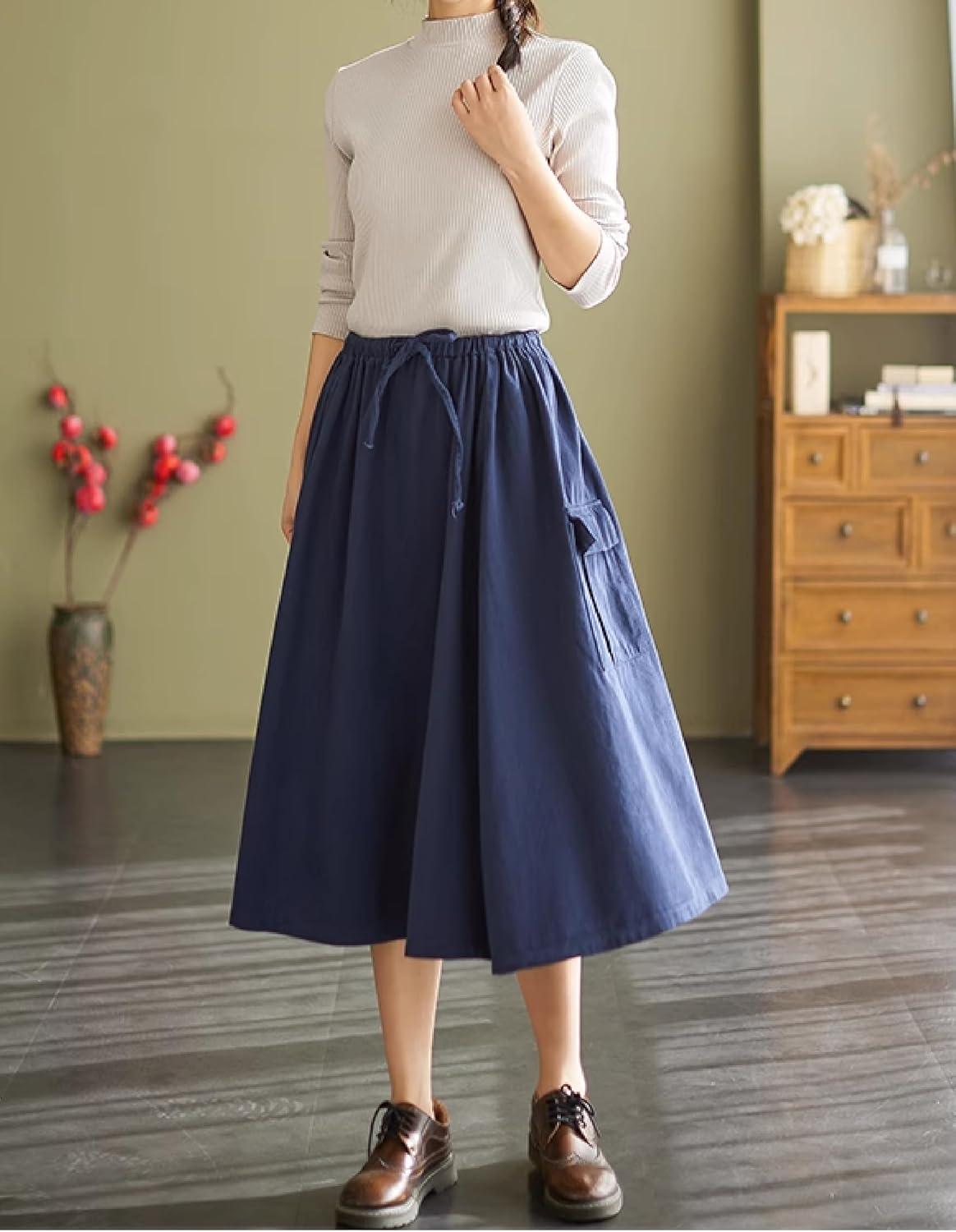 imageKisidoo Cargo Maxi Skirt Womens Casual Elastic Waist Pleated ALine Knee Length Skirt with Pocket for Work ampamp DailyNavy Blue