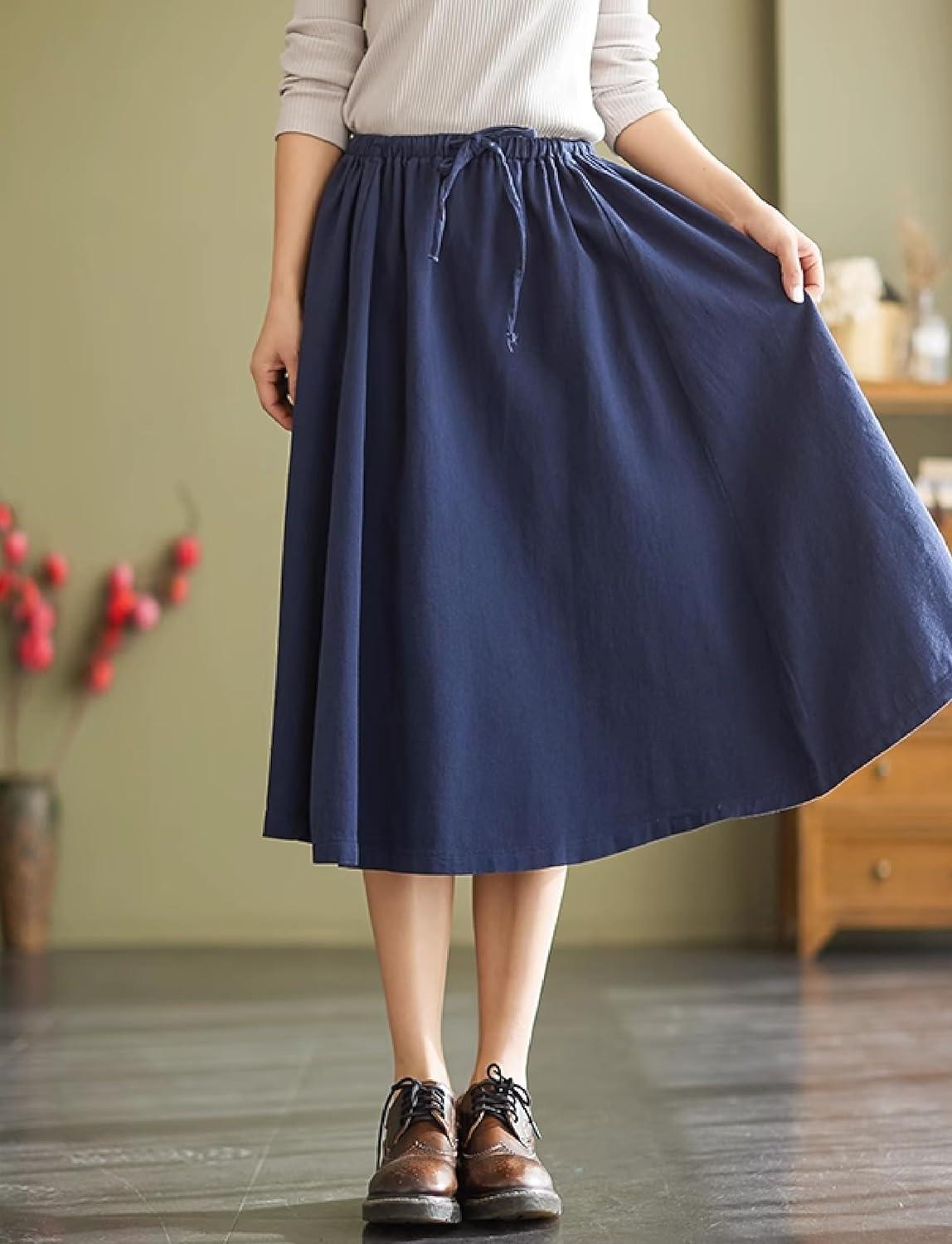 imageKisidoo Cargo Maxi Skirt Womens Casual Elastic Waist Pleated ALine Knee Length Skirt with Pocket for Work ampamp DailyNavy Blue
