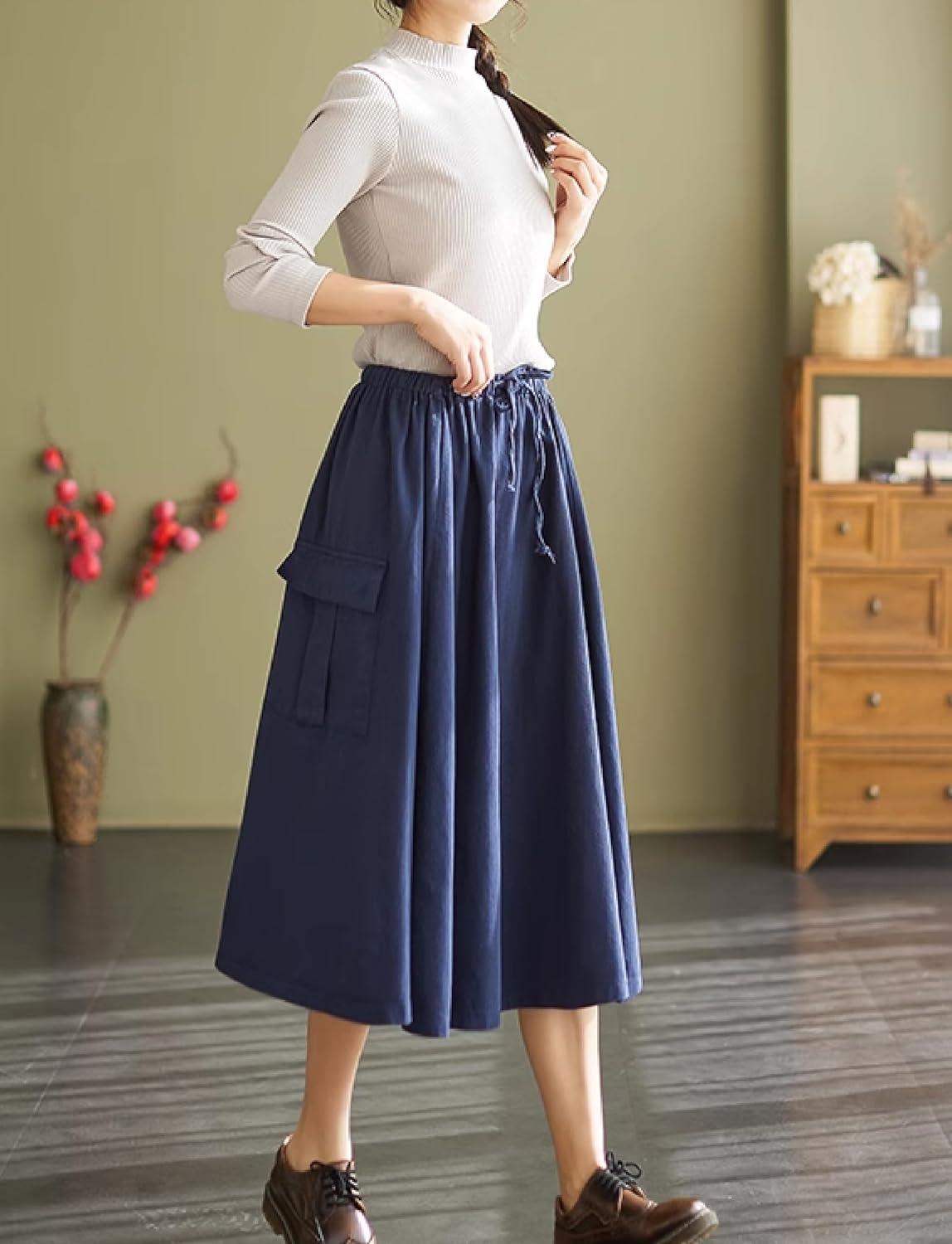 imageKisidoo Cargo Maxi Skirt Womens Casual Elastic Waist Pleated ALine Knee Length Skirt with Pocket for Work ampamp DailyNavy Blue