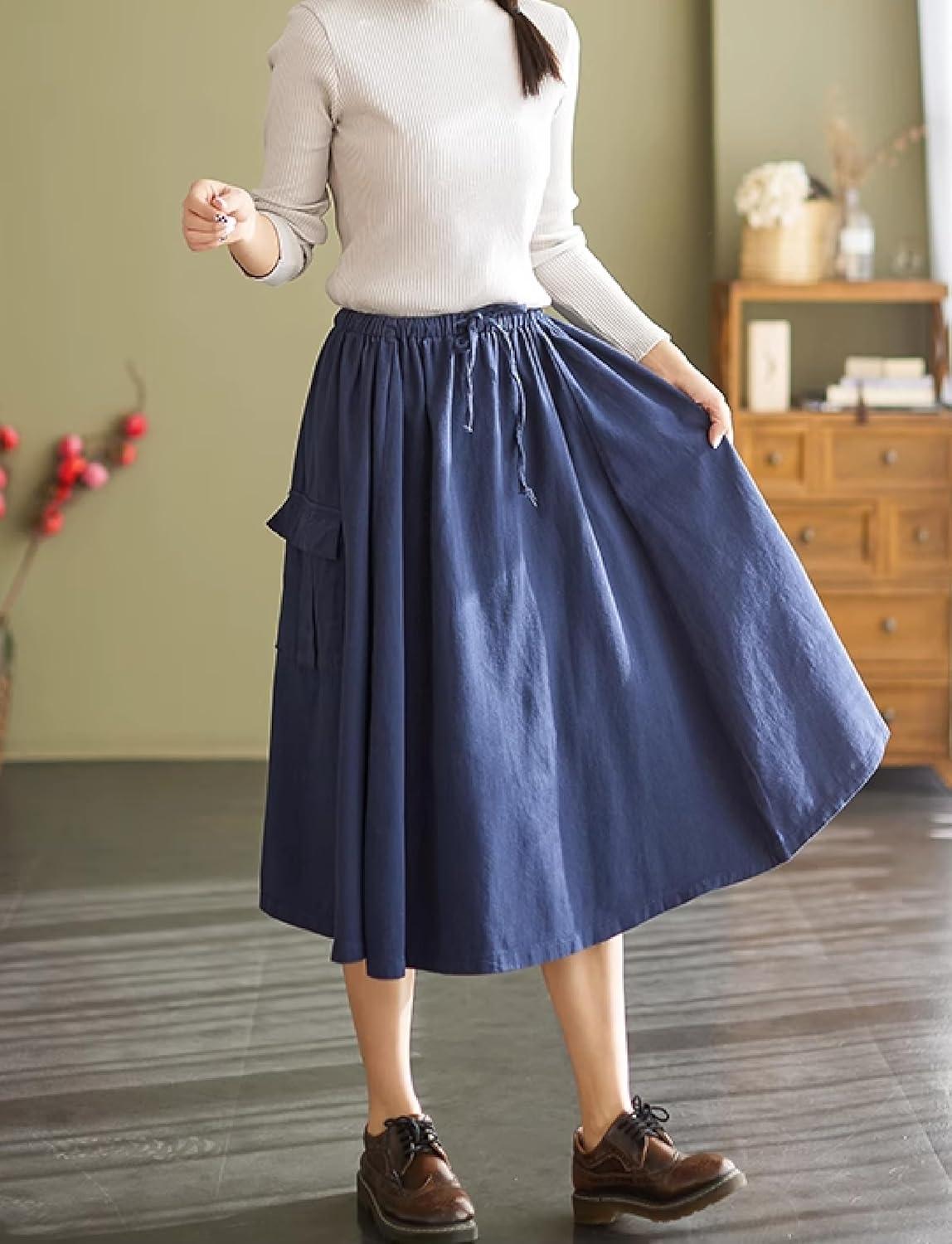 imageKisidoo Cargo Maxi Skirt Womens Casual Elastic Waist Pleated ALine Knee Length Skirt with Pocket for Work ampamp DailyNavy Blue
