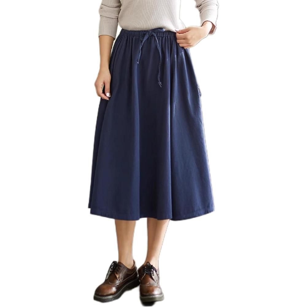 imageKisidoo Cargo Maxi Skirt Womens Casual Elastic Waist Pleated ALine Knee Length Skirt with Pocket for Work ampamp DailyNavy Blue