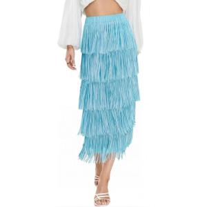 image:imageKisidoo Womens Fringe Trim High Waist Short Pencil Bodycon Skirts Sexy Elegant Fringe Long Maxi Skirt Summer Party WorkBaby Blue