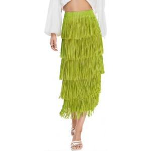 image:imageKisidoo Womens Fringe Trim High Waist Short Pencil Bodycon Skirts Sexy Elegant Fringe Long Maxi Skirt Summer Party WorkCandy Green