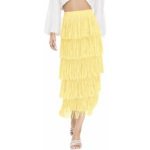 image:imageKisidoo Womens Fringe Trim High Waist Short Pencil Bodycon Skirts Sexy Elegant Fringe Long Maxi Skirt Summer Party WorkLight Yellow