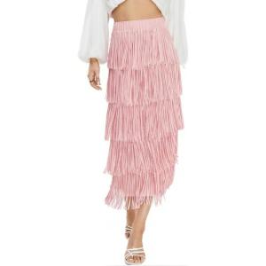 image:imageKisidoo Womens Fringe Trim High Waist Short Pencil Bodycon Skirts Sexy Elegant Fringe Long Maxi Skirt Summer Party WorkPink