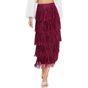 image:imageKisidoo Womens Fringe Trim High Waist Short Pencil Bodycon Skirts Sexy Elegant Fringe Long Maxi Skirt Summer Party WorkWine Red